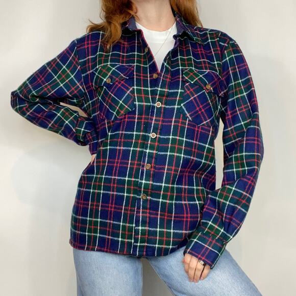 Vintage Woodland Large Navy Heavy Plaid Flannel Shirt Jacket Button Down Shirt - Picture 7 of 14